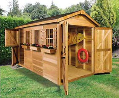 カヌーやカヤックなどの長尺の物や、人が乗るタイプの芝刈り機もすっぽり。2ヶ所のドアで出し入れもスムーズです。